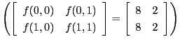 $ \left(
\left[
\begin{array}{cc}
f(0,0) & f(0,1) \\
f(1,0) & f(1,1)
\end{...
... =
\left[
\begin{array}{cc}
8 & 2 \\
8 & 2
\end{array} \right]
\right)
$