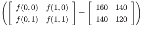 $ \left(
\left[
\begin{array}{cc}
f(0,0) & f(1,0) \\
f(0,1) & f(1,1)
\end{...
...t[
\begin{array}{cc}
160 & 140 \\
140 & 120
\end{array} \right]
\right)
$