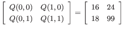 $\displaystyle \left[
\begin{array}{cc}
Q(0,0) & Q(1,0) \\
Q(0,1) & Q(1,1)
...
...ight]
=
\left[
\begin{array}{cc}
16 & 24 \\
18 & 99
\end{array} \right]
$