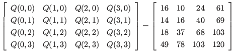 $\displaystyle \left[
\begin{array}{cccccccc}
Q(0,0) & Q(1,0) & Q(2,0) & Q(3,0...
...& 69 \\
18 & 37 & 68 & 103 \\
49 & 78 & 103 & 120 \\
\end{array} \right]
$