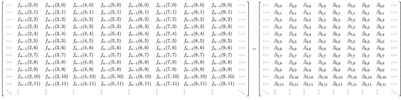 $ \left[
\begin{array}{llllllllll}
\cdots& f_{n-1}(2,0) & f_{n-1}(3,0) & f_{n-...
...\vdots &\vdots &\vdots &\vdots &\vdots &\vdots &\ddots
\end{array} \right]
$