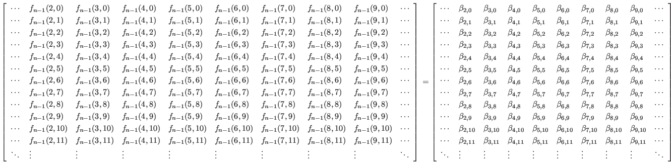 $ \left[
\begin{array}{llllllllll}
\cdots& f_{n-1}(2,0) & f_{n-1}(3,0) & f_{n-...
...\vdots &\vdots &\vdots &\vdots &\vdots &\vdots &\ddots
\end{array} \right]
$