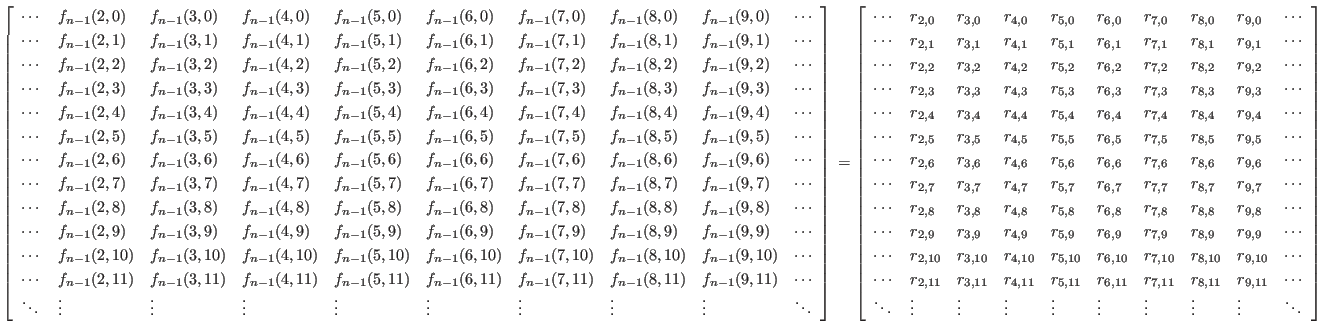 $ \left[
\begin{array}{llllllllll}
\cdots& f_{n-1}(2,0) & f_{n-1}(3,0) & f_{n-...
...\vdots &\vdots &\vdots &\vdots &\vdots &\vdots &\ddots
\end{array} \right]
$