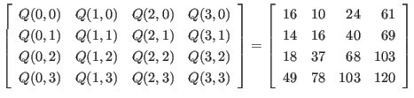 $\displaystyle \left[
\begin{array}{cccccccc}
Q(0,0) & Q(1,0) & Q(2,0) & Q(3,0...
...& 69 \\
18 & 37 & 68 & 103 \\
49 & 78 & 103 & 120 \\
\end{array} \right]
$