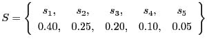 $\displaystyle S = \left\{ \begin{array}{ccccc}
s_1, & s_2, & s_3, & s_4, & s_5 \\
0.40,& 0.25,& 0.20,& 0.10,& 0.05
\end{array} \right\}
$